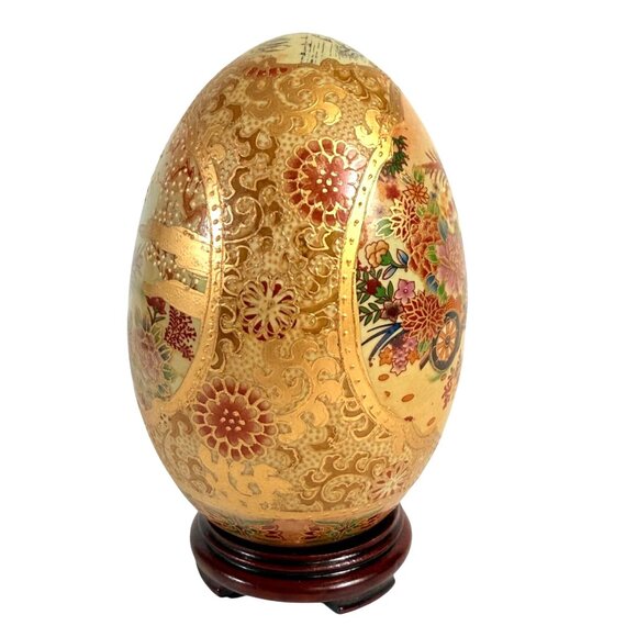 Japanese Satsuma Decorative Egg Gold Gilt Floral Landscape Glazed VTG Wooden Sta - Picture 2 of 12